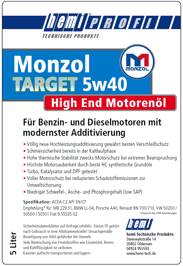 4x Monzol Target 5W40 nach monza3cdti PKW Motorenöl 5 Liter...